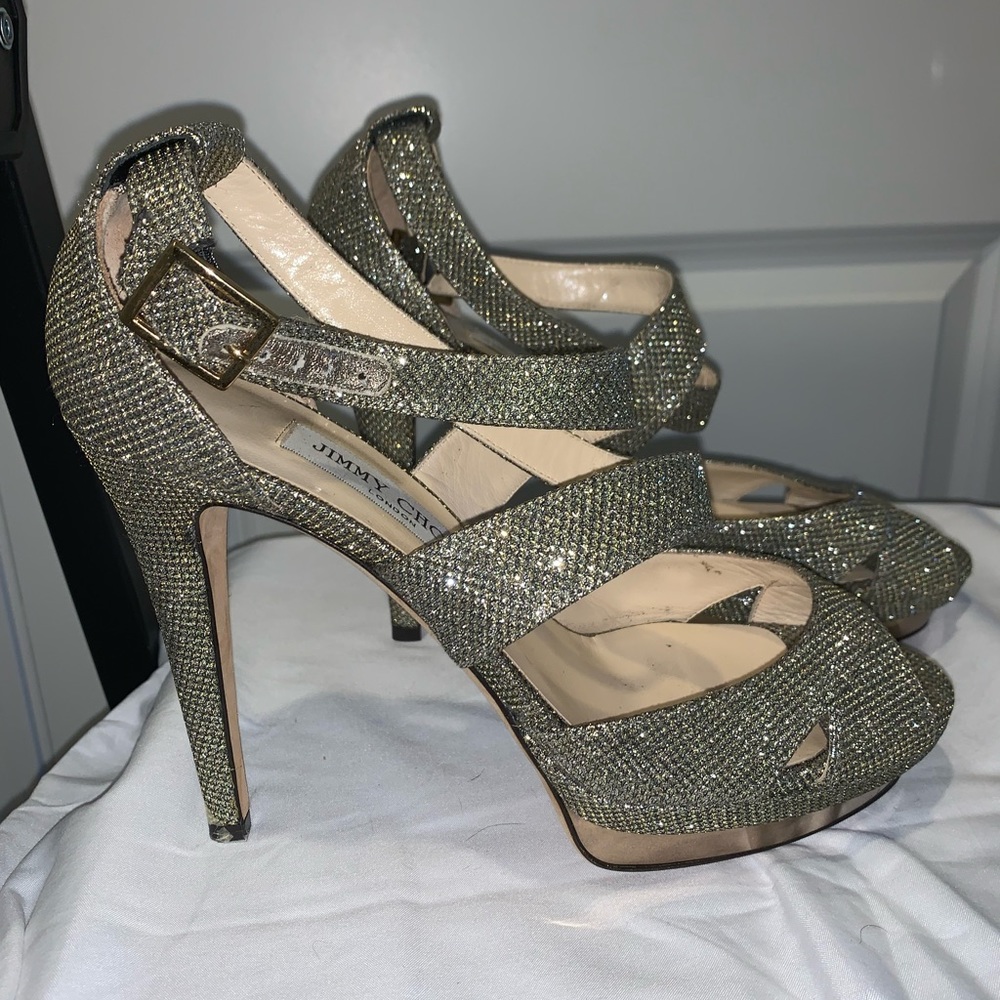 Jimmy Choo Gold Glitter Crisscross Sandals